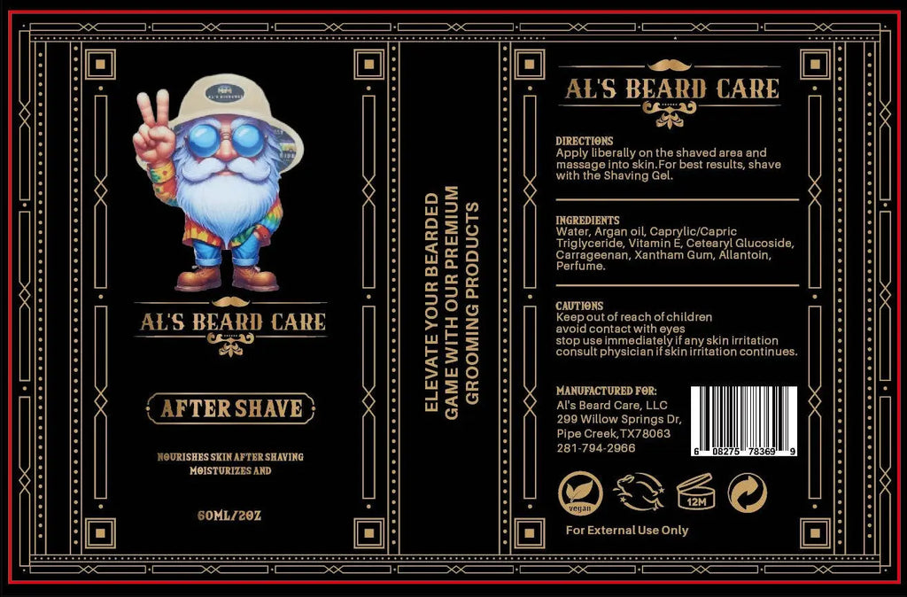 Al's Beard Care after shave label with cartoon character and product details.