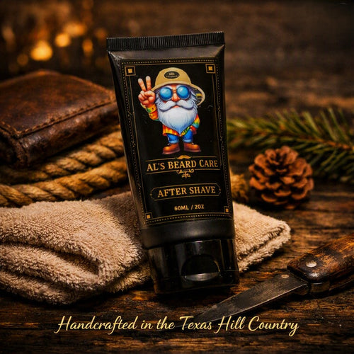 Al’s Beard Care After Shave for Men bottle displayed in a rustic outdoor setting, highlighting soothing, all‑natural formula that calms razor burn and refreshes skin.