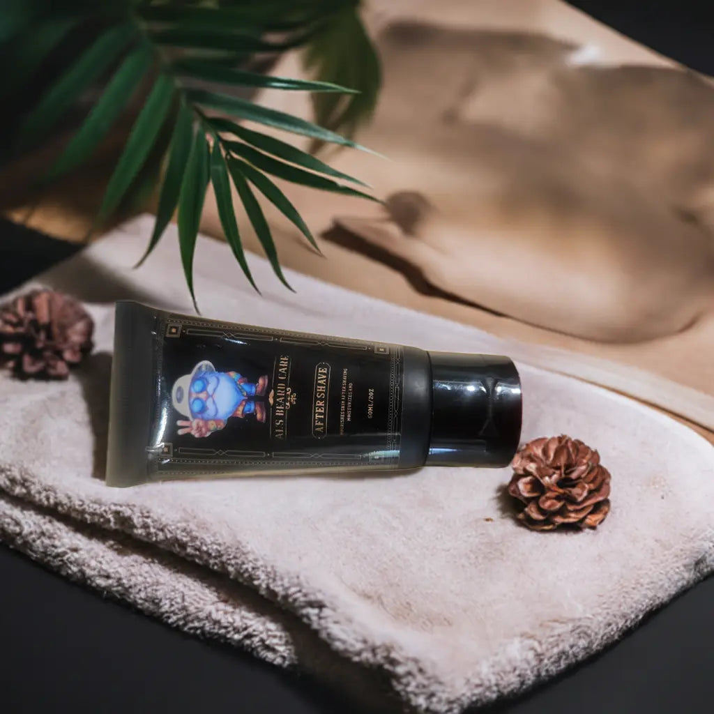 Tube of Al's Aftershave product on a towel with decorative elements