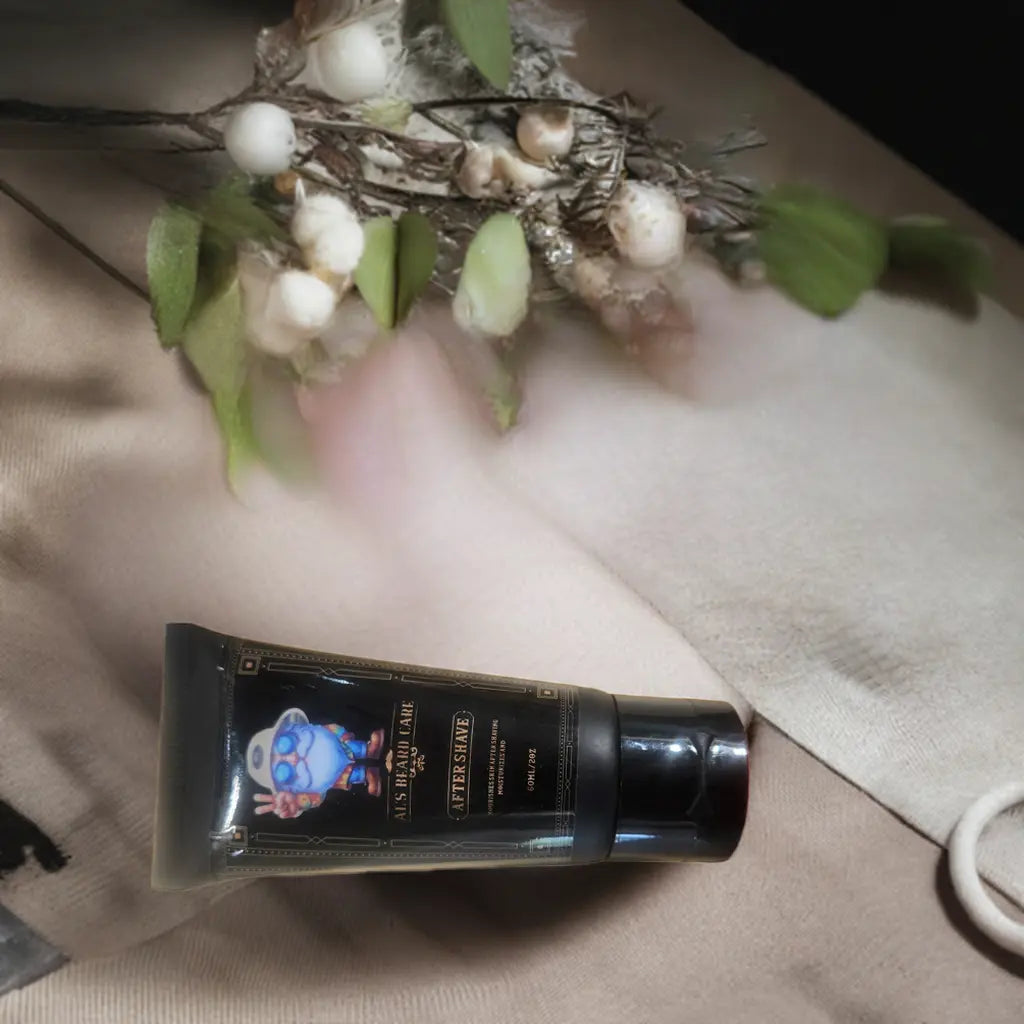 Tube of aftershave with decorative elements on a textured surface