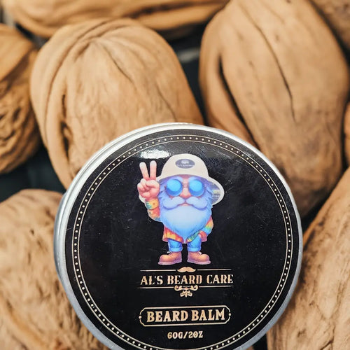 Beard balm container with cartoon character label on walnuts
