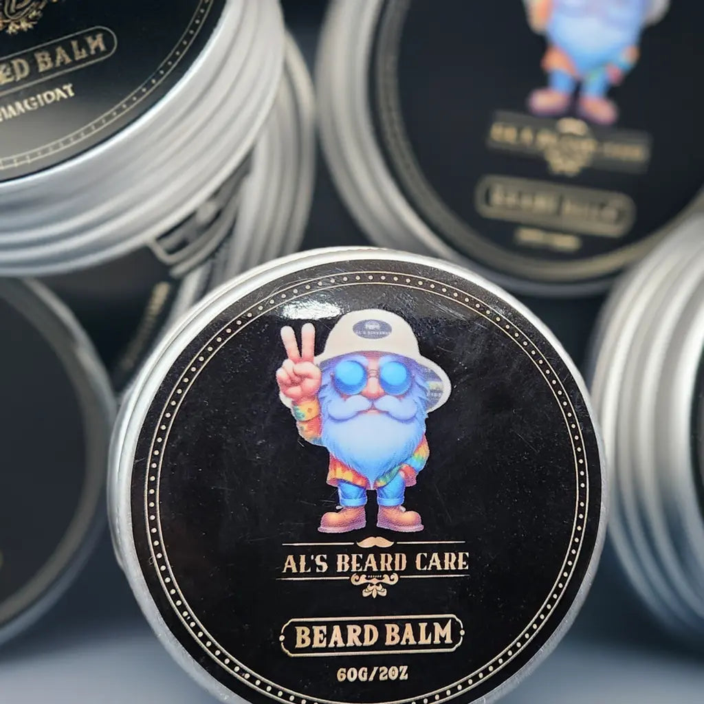 Beard balm container with cartoon character label on a blurred background