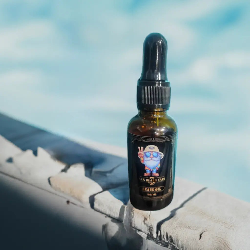 Bottle of beard oil with a character label on a stone surface with a blurred natural background