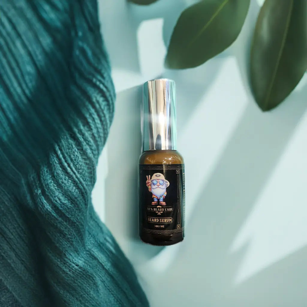 Bottle of beard serum with a cartoon character label on a light background with green leaves.