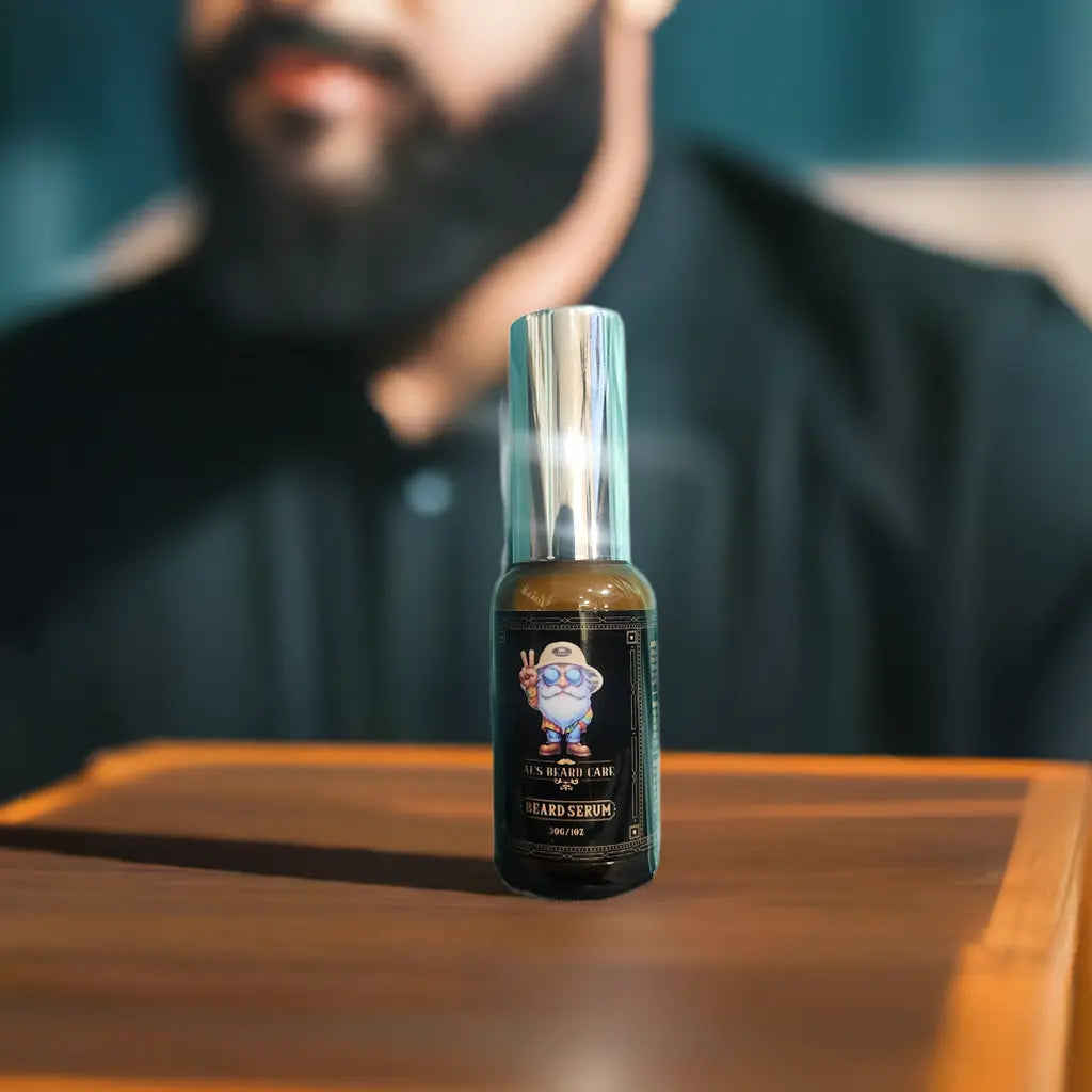 Bottle of beard serum on a wooden surface with a blurred person in the background
