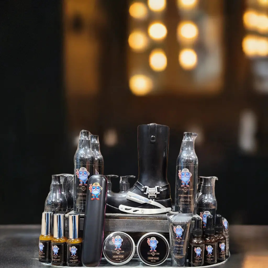 Collection of grooming products including bottles and a black boot on a dark background with lights.