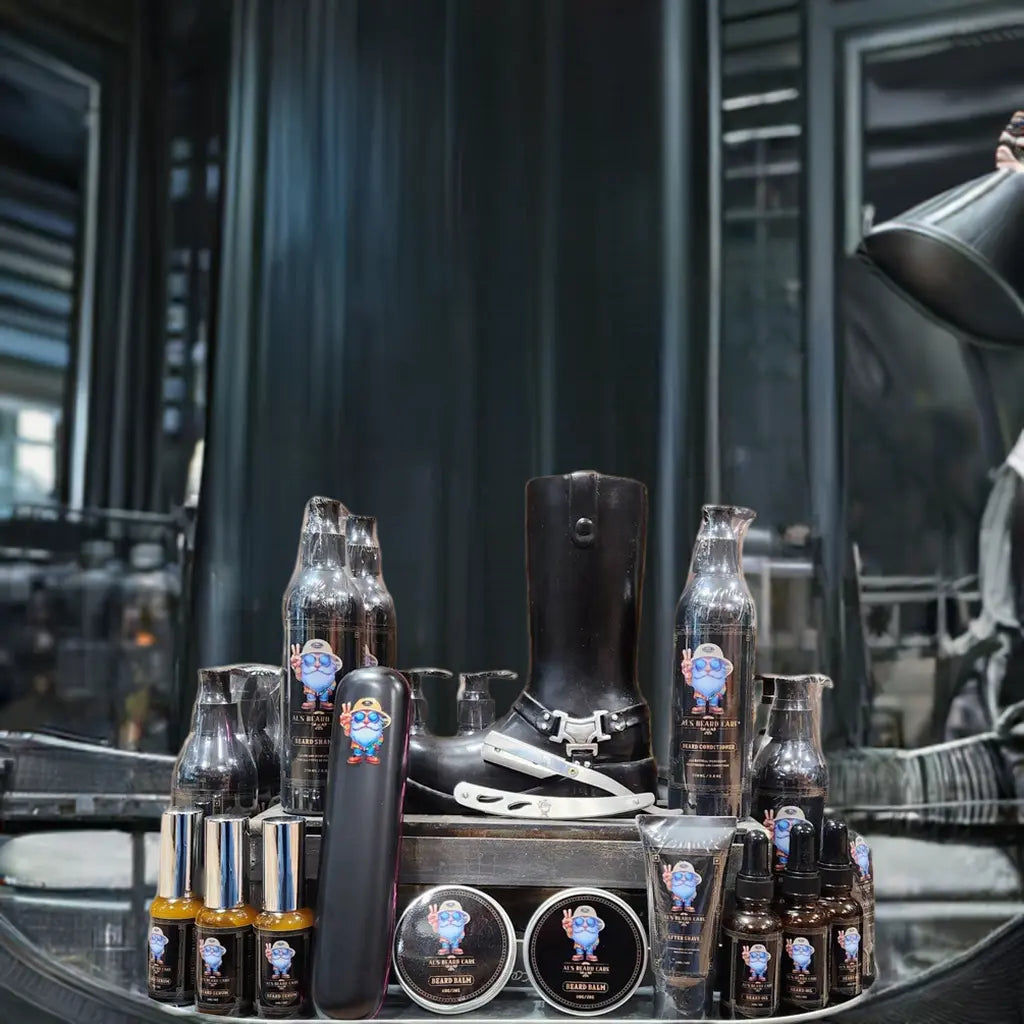 Set ofAl's Beard care products including bottles and a boot on a reflective surface.