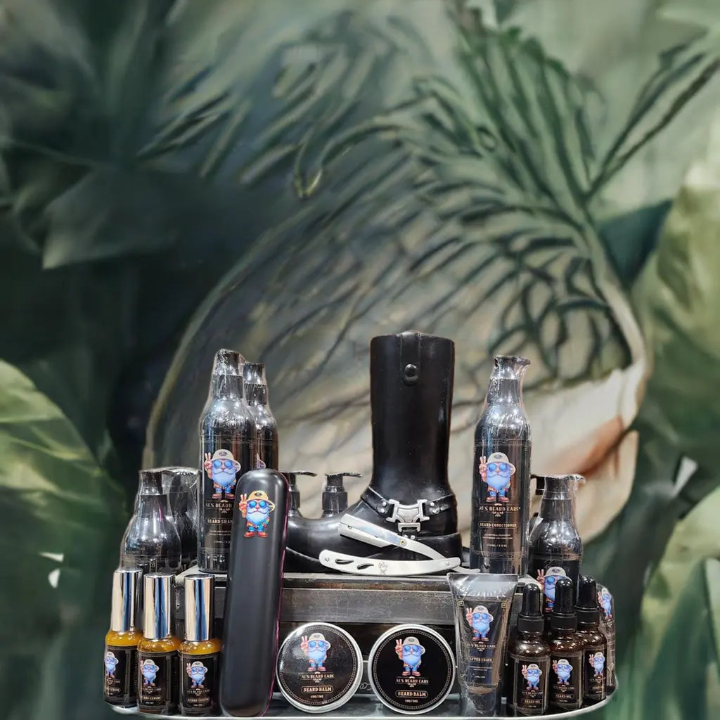 Collection of Al's Beard care products including bottles and a boot on a green leafy background