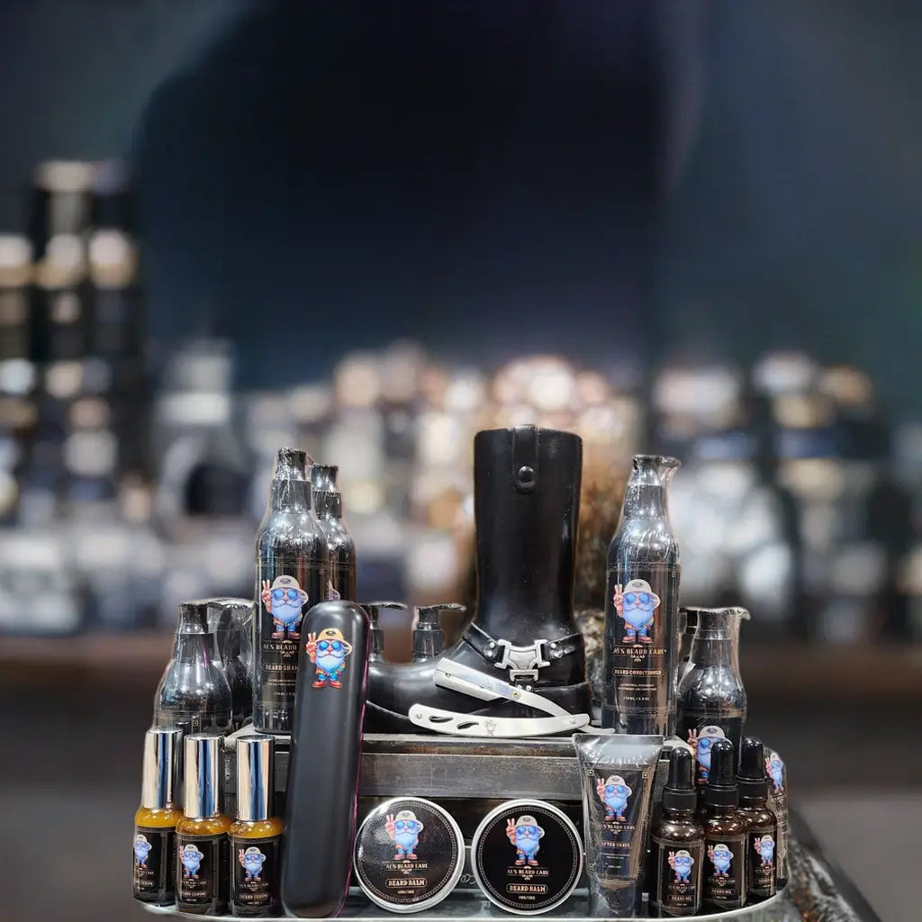 Collection of grooming products including bottles and a black boot on a blurred background