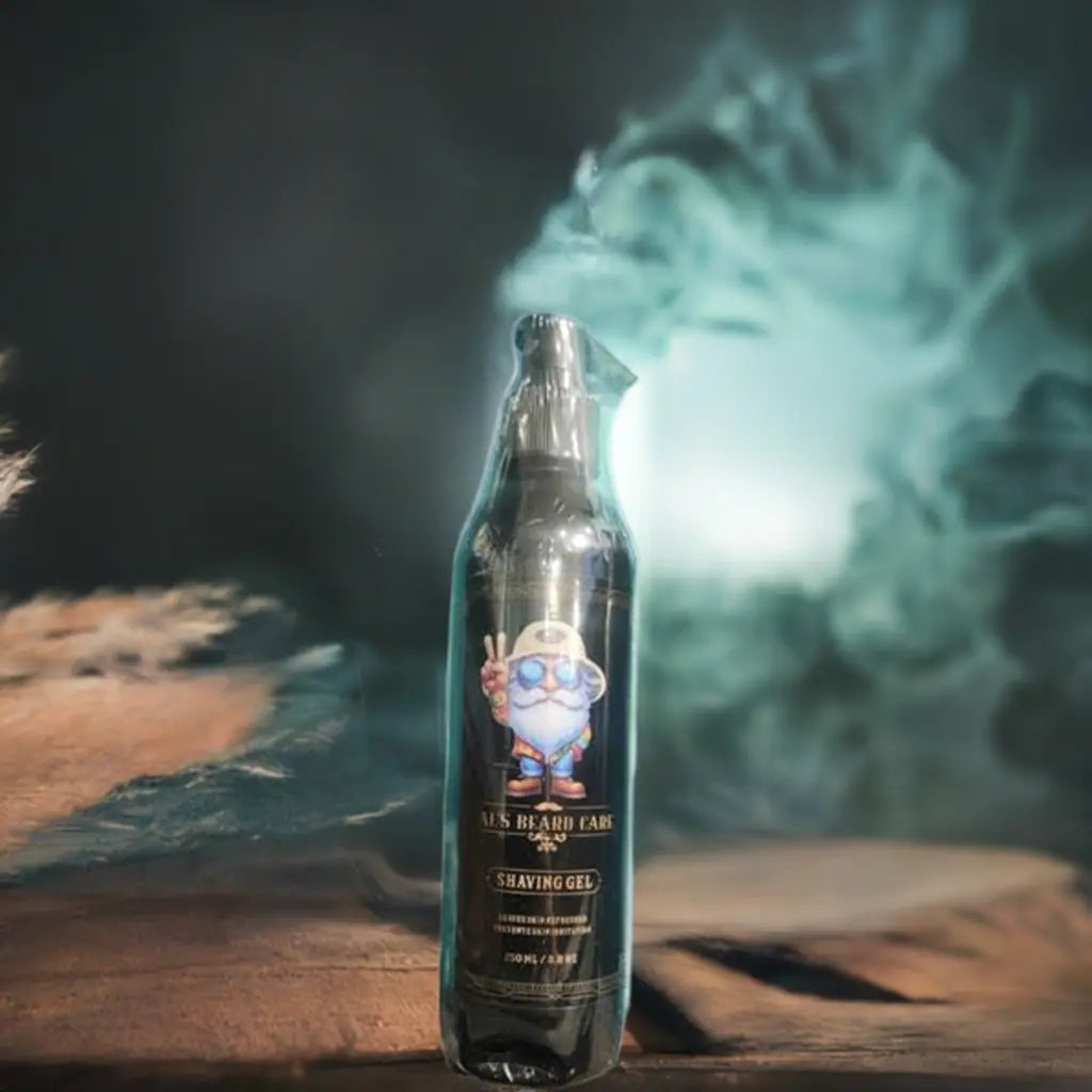 Shaving gel bottle with a cartoon character label on a wooden surface with a mystical background