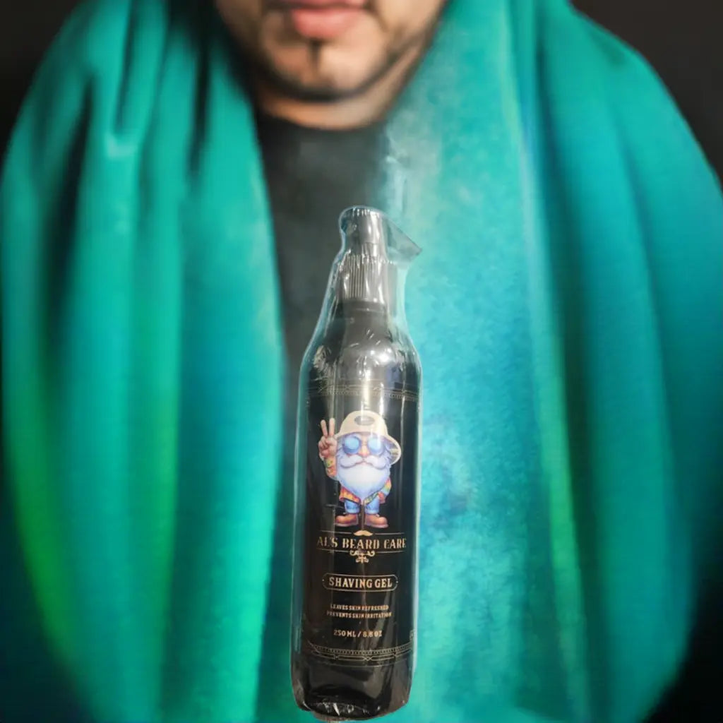 Bottle of shaving gel held by a person wearing a teal garment