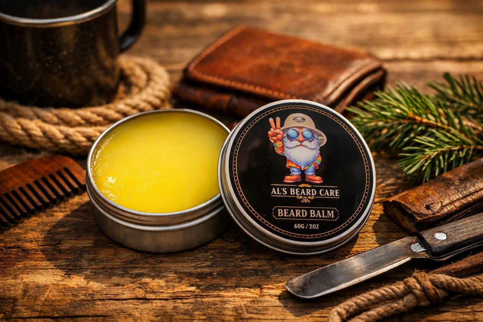 An open round tin of ALS BEARD CARE BEARD BALM showing the bright yellow balm inside, next to the closed lid which features a cartoon bearded man logo. The scene is styled on a rustic wooden table with a leather wallet, a wooden comb, a knife, pine needles, and a metal mug.