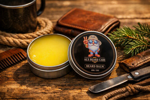 An open round tin of ALS BEARD CARE BEARD BALM showing the bright yellow balm inside, next to the closed lid which features a cartoon bearded man logo. The scene is styled on a rustic wooden table with a leather wallet, a wooden comb, a knife, pine needles, and a metal mug.