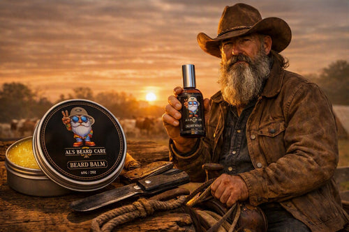 A bearded man in a cowboy hat and leather jacket holds a bottle of ALS Beard Care Beard Balm next to an open tin of the same product on a rustic table at sunset, with saddlery props in the background.