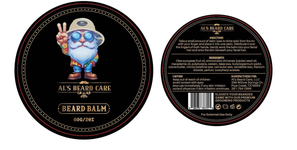 Beard balm container with cartoon character and label details on a white background
