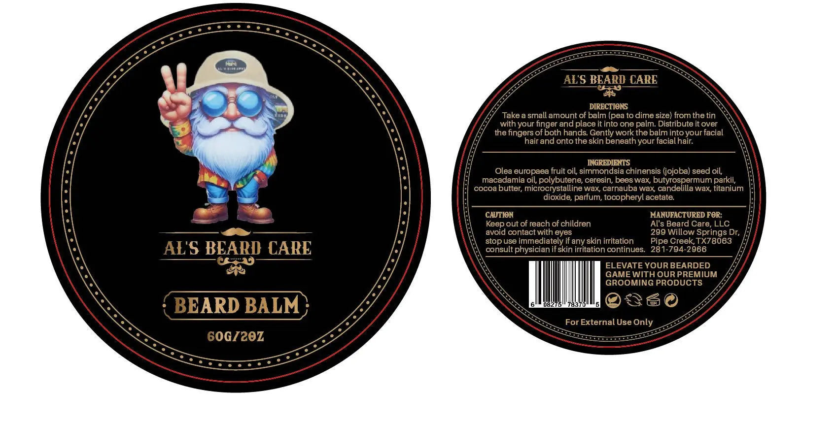Beard balm container with cartoon character and label details on a white background