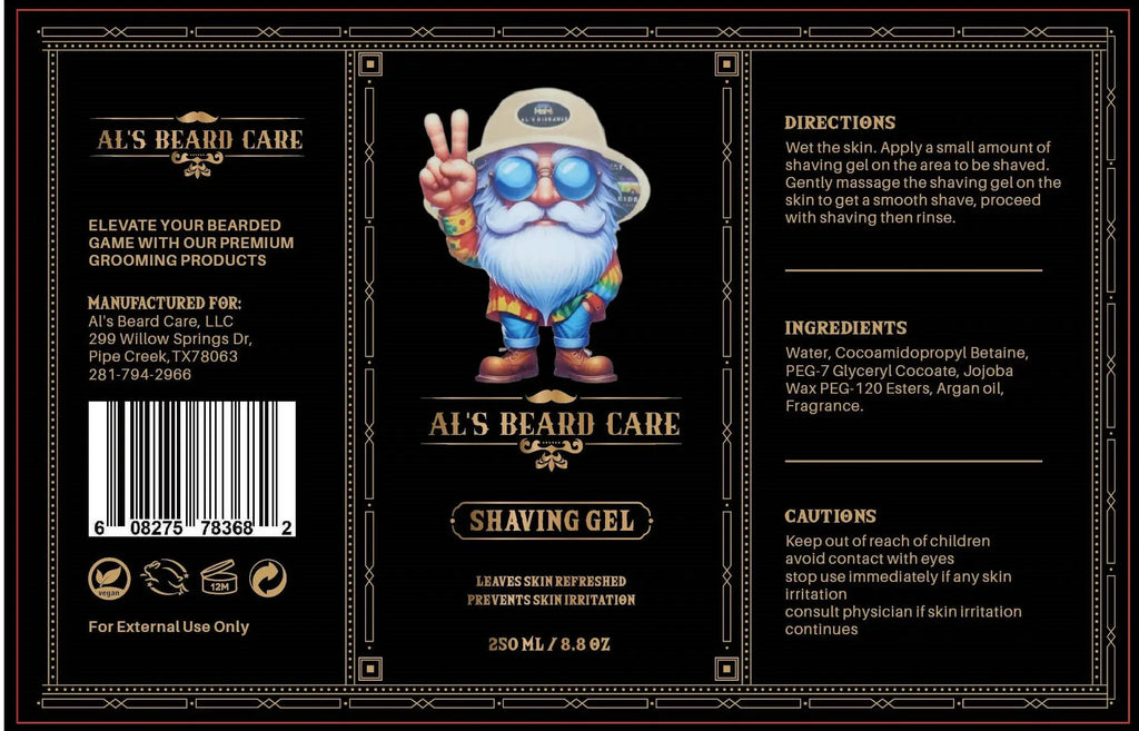 Al's Beard Care shaving gel label with cartoon character and product details.