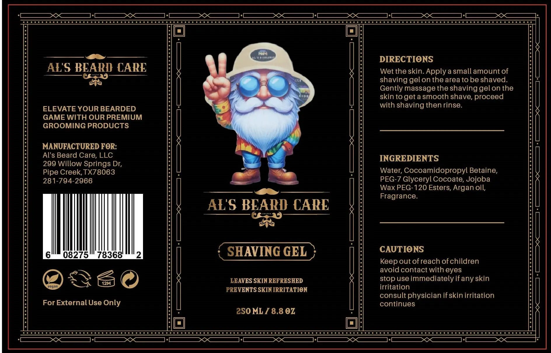 Al's Beard Care shaving gel label with cartoon character and product details.