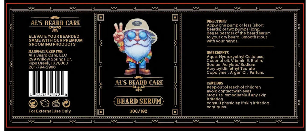 Beard serum label with cartoon character and product details