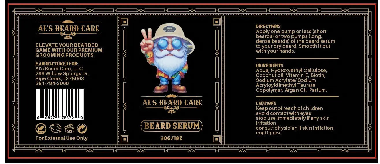 Beard serum label with cartoon character and product details
