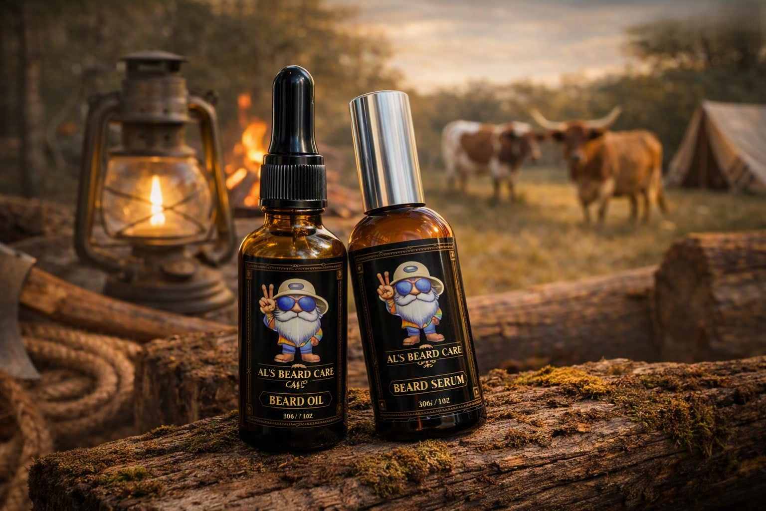 Al’s Beard Care Beard Oil and Beard Serum displayed on a rustic log beside a lantern and rope, with campfire and longhorn cattle in the background — rugged outdoor setting highlighting premium beard grooming products.