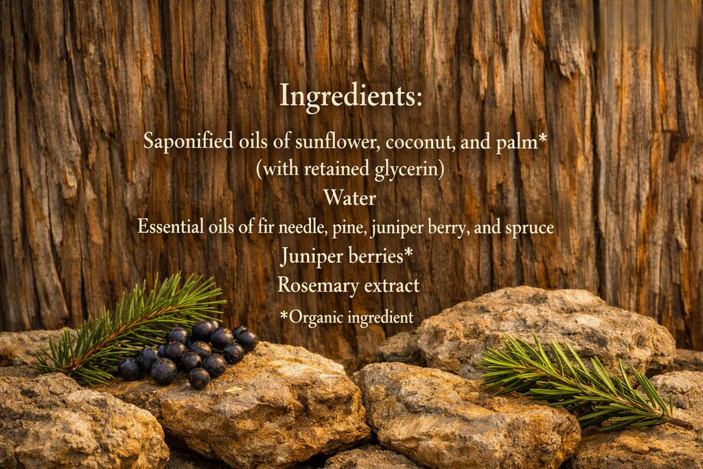 Ingredients list text over a rustic wood background with rocks, evergreen branches, and clusters of juniper berries. The text reads: Ingredients: Saponified oils of sunflower, coconut, and palm* (with retained glycerin), Water, Essential oils of fir needle, pine, juniper berry, and spruce, Juniper berries*, Rosemary extract, and *Organic ingredient'.