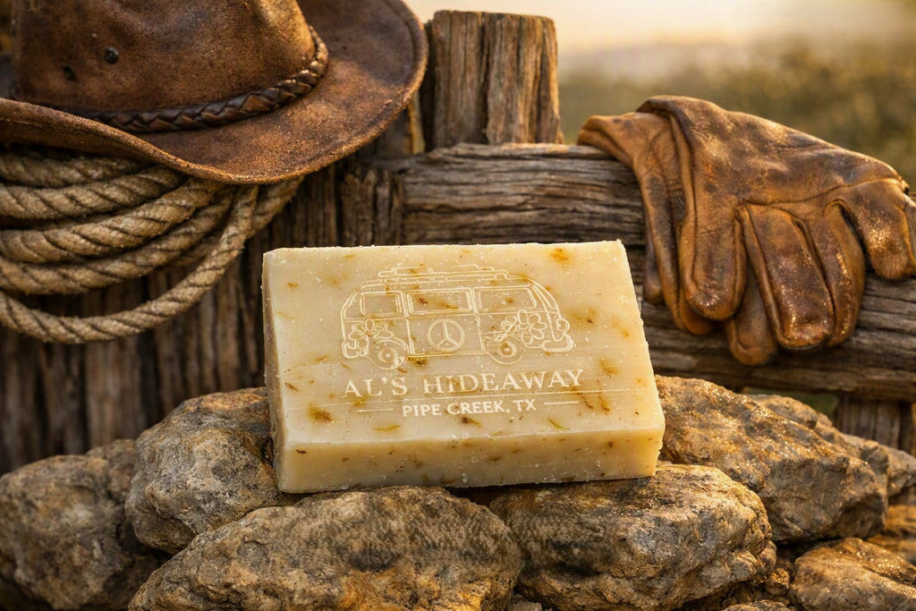 A rectangular bar of soap labeled 'A'L'S HIDEAWAY PIPE CREEK, TX' sits on rocks in front of a rustic wooden fence, with a cowboy hat, rope, and leather gloves styled around it.