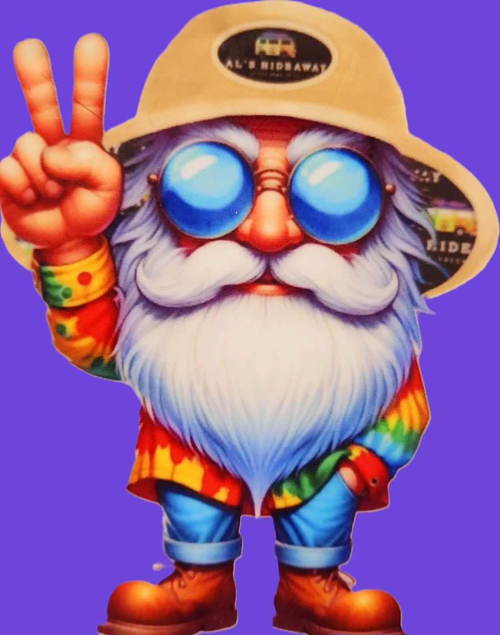 Colorful cartoon character with a peace sign on a purple background