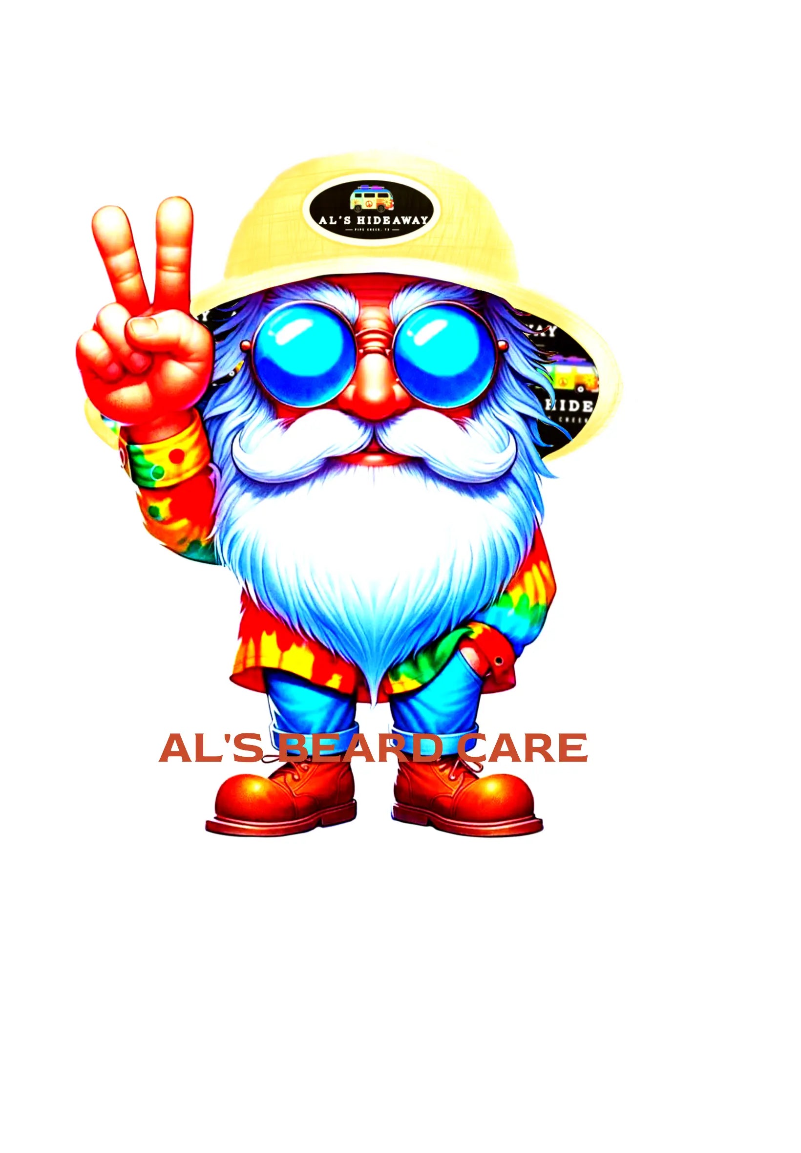 Colorful gnome character with sunglasses and a peace sign, wearing a hat with 'Al's Beard Care' branding.