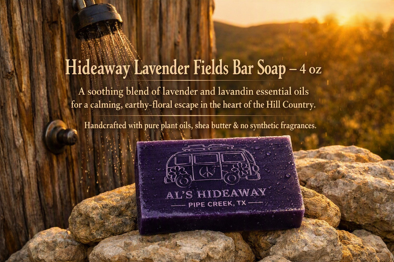 A purple rectangular bar of soap labeled 'AL'S HIDEAWAY PIPE CREEK, TX' sits on rocks beside a rustic wooden post with a shower head spraying water, with warm sunset lighting and outdoor scenery in the background. Text on the image reads 'Hideaway Lavender Fields Bar Soap – 4 oz' with descriptive copy.