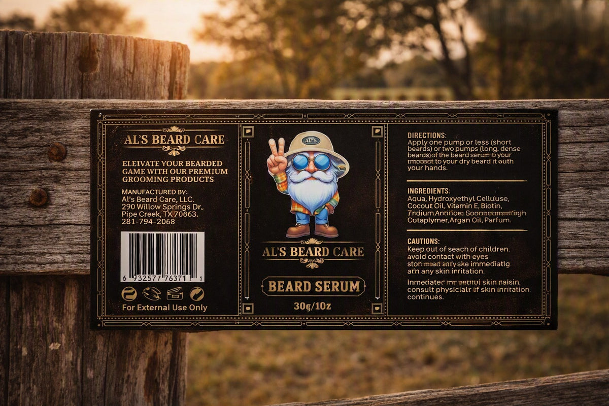 A rectangular product label for ALS Beard Care Beard Serum is mounted on a rustic wooden fence outdoors. The label is black with ornate gold borders and features a cartoon bearded man wearing a hat and sunglasses, alongside product details, directions, ingredients, and a barcode.