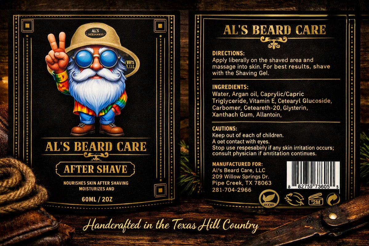 Front and back packaging of Al's Beard Care After Shave gel, featuring a cartoon bearded man wearing a safari hat and blue sunglasses on a dark wood background with product details, ingredients, directions, and a barcode.