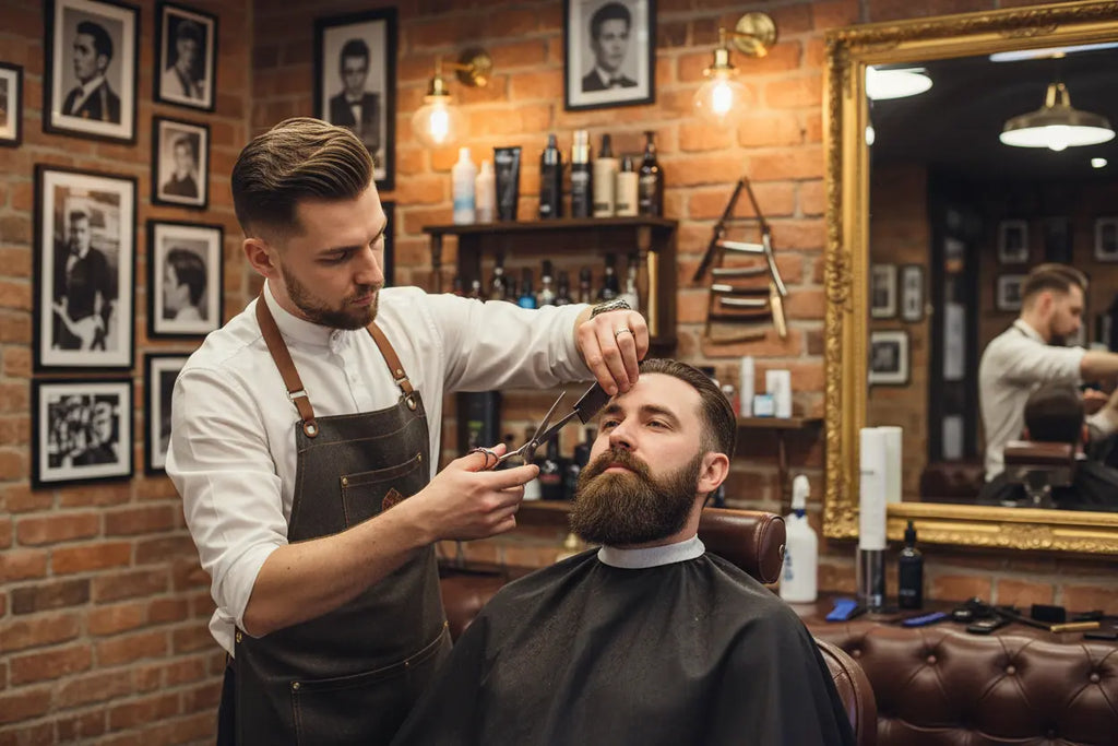 Barber cutting a customer's hair in a traditional barber shop with brick walls and framed pictures.