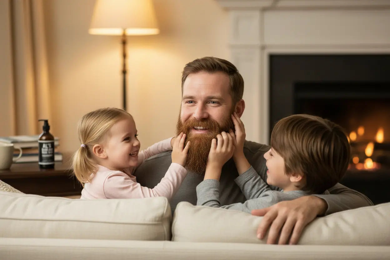Man with a beard sitting on a couch with two children in a cozy living room.