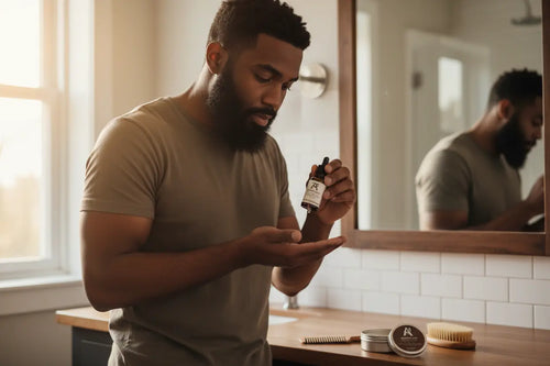 Man applying a product to his hand in front of a mirror in a bathroom.
