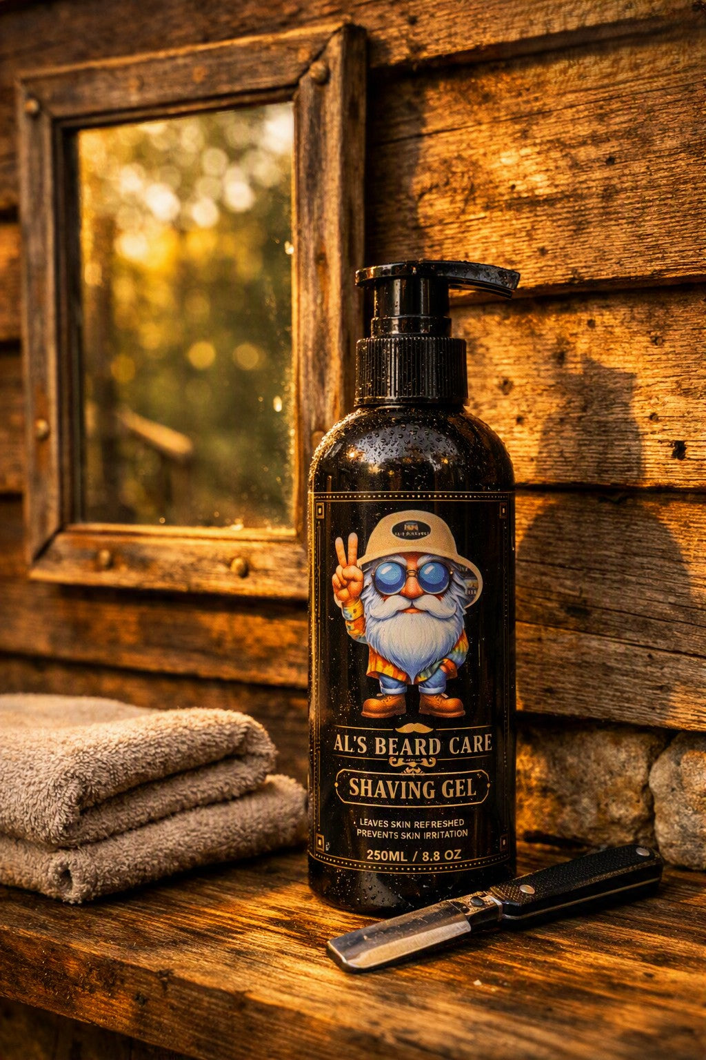 A bottle of Al's Beard Care Shaving Gel stands on a rustic wooden surface next to a folded towel and a razor, with a wooden wall and window in the background.