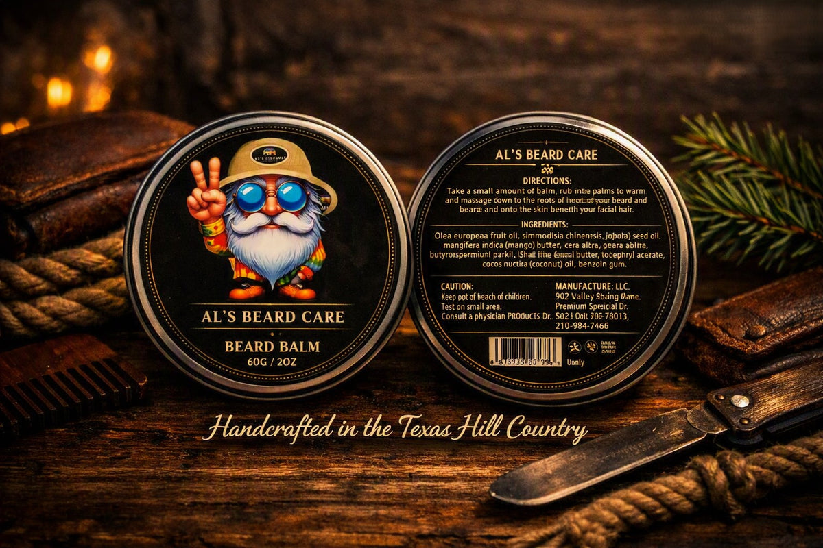 Two round metal tins of Al's Beard Care Beard Balm are displayed on a rustic wooden surface with a comb, knife, rope, and pine branches. One tin shows the front label with a cartoon bearded man making a peace sign, and the other shows the back with product directions and ingredients.