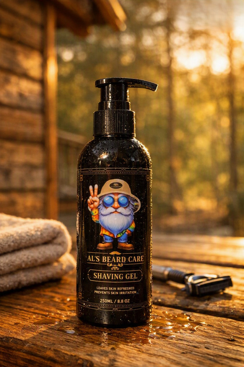 A dark bottle of 'Al's Beard Care Shaving Gel' with a cartoon gopher label, placed on a wet wooden table with a razor and a towel in a warm, outdoor rustic setting.