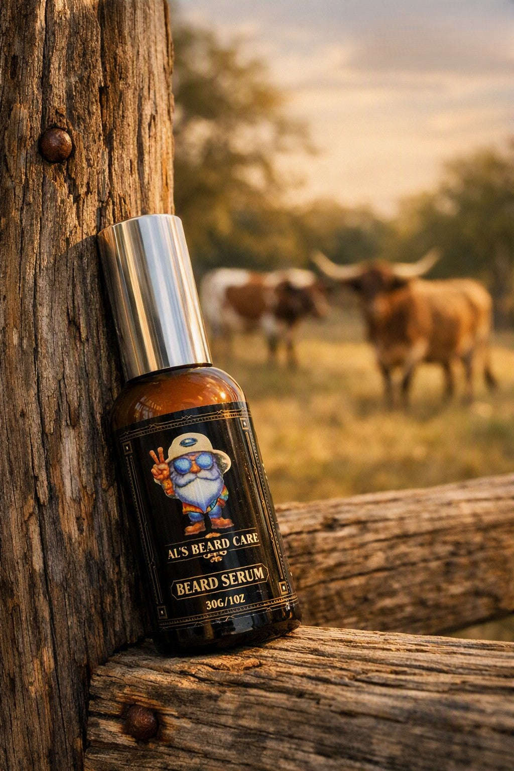 A bottle of ALS Beard Care Beard Serum leans against a rustic wooden fence post outdoors, with a blurred field and cows in the background at sunset.