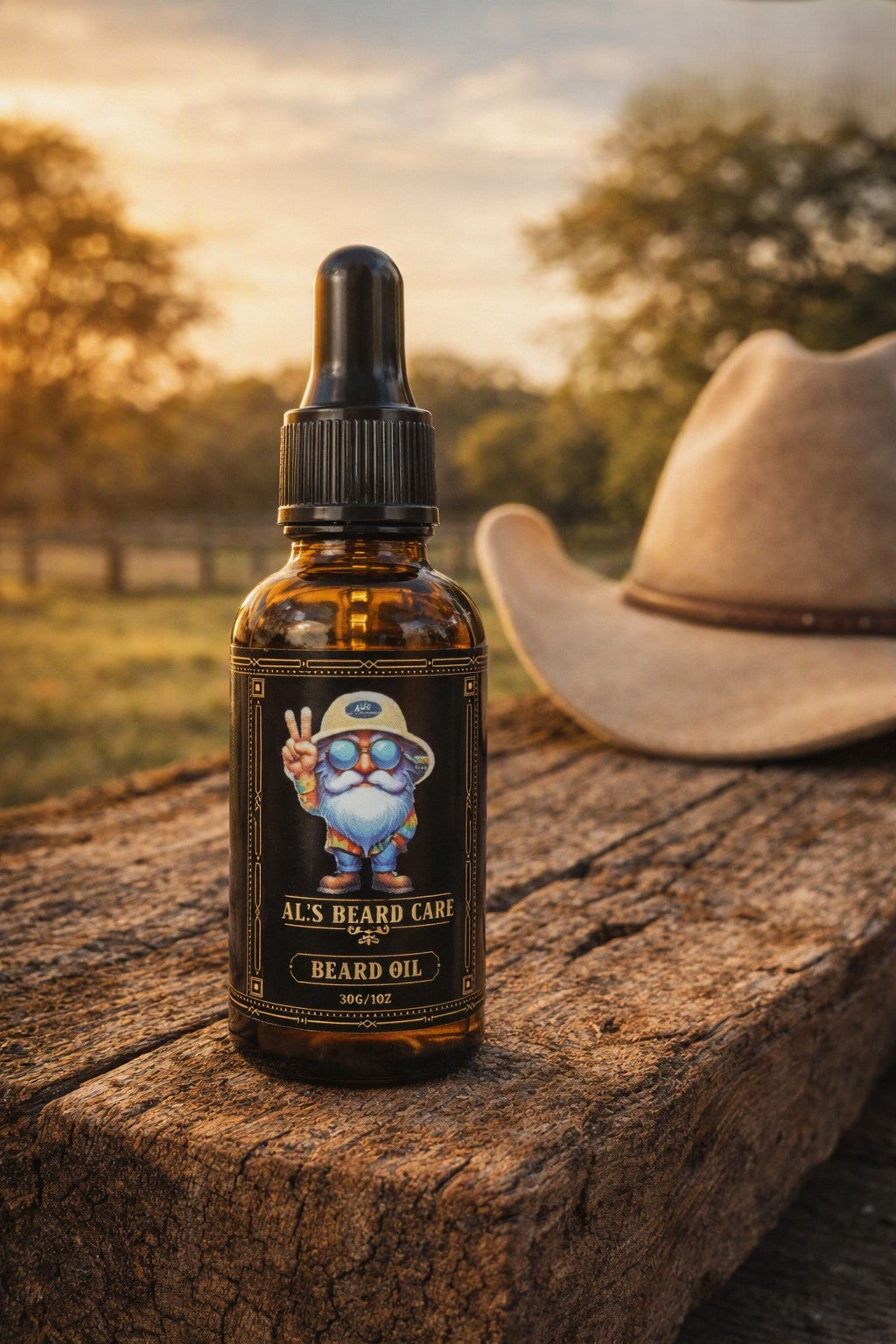 An amber glass dropper bottle of AL'S BEARD CARE Beard Oil stands on a rustic wooden surface outdoors, with a cowboy hat blurred in the background against a warm sunset sky.