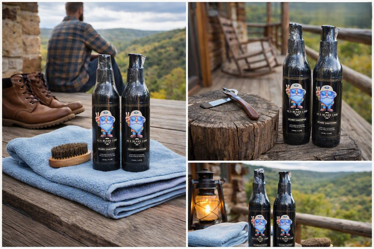 Three-panel collage showing two dark glass bottles labeled Al's Beard Care  placed on a rustic wooden deck beside a folded blue towel, a brush, and brown boots, with a man seated in the background and an outdoor mountain view.