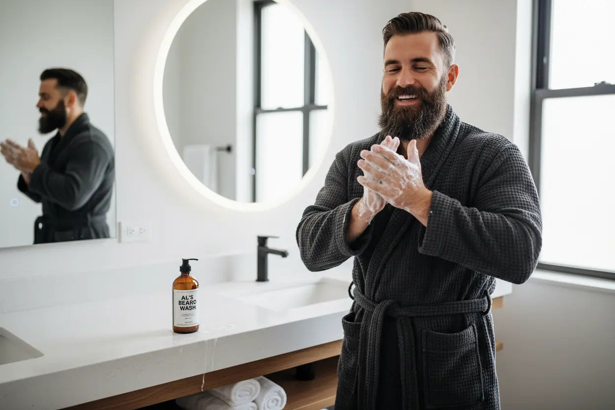 Man in a bathrobe applying Al's Beard Shampoo to his hands in a bathroom.