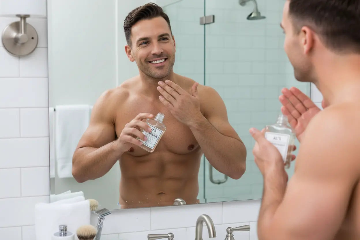Man applying a skincare product in front of a mirror
