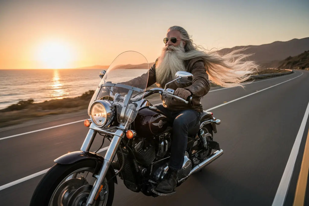 Man with a long beard riding a motorcycle on a road with a scenic background