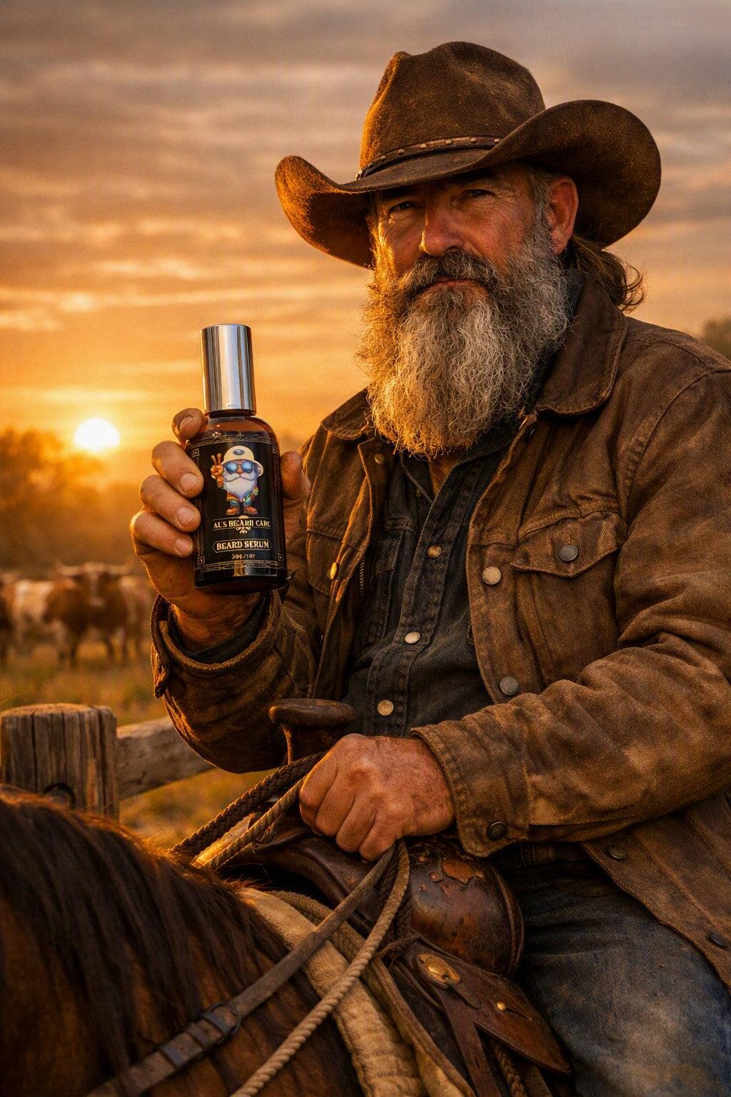 A bearded cowboy in a brown hat and leather jacket sits on a horse at sunset, holding up a bottle of Texas Al's Beard Care Serum