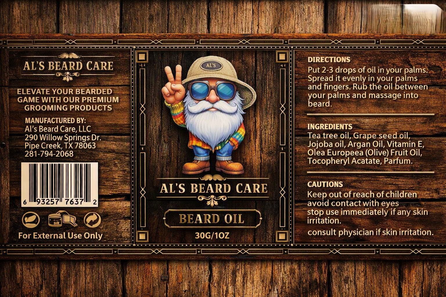 The back of a wooden box or package for Al's Beard Care Beard Oil, featuring a dark wood grain background, product information text, directions, ingredients, and cautions, with a cartoon bearded man wearing a hat and sunglasses in the center.