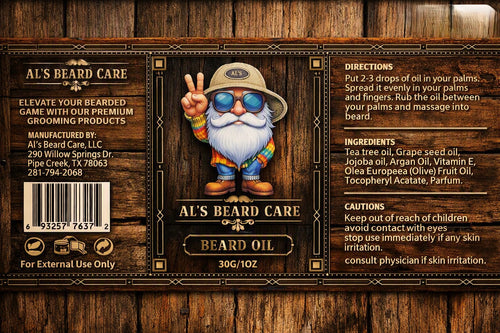 The back of a wooden box or package for Al's Beard Care Beard Oil, featuring a dark wood grain background, product information text, directions, ingredients, and cautions, with a cartoon bearded man wearing a hat and sunglasses in the center.