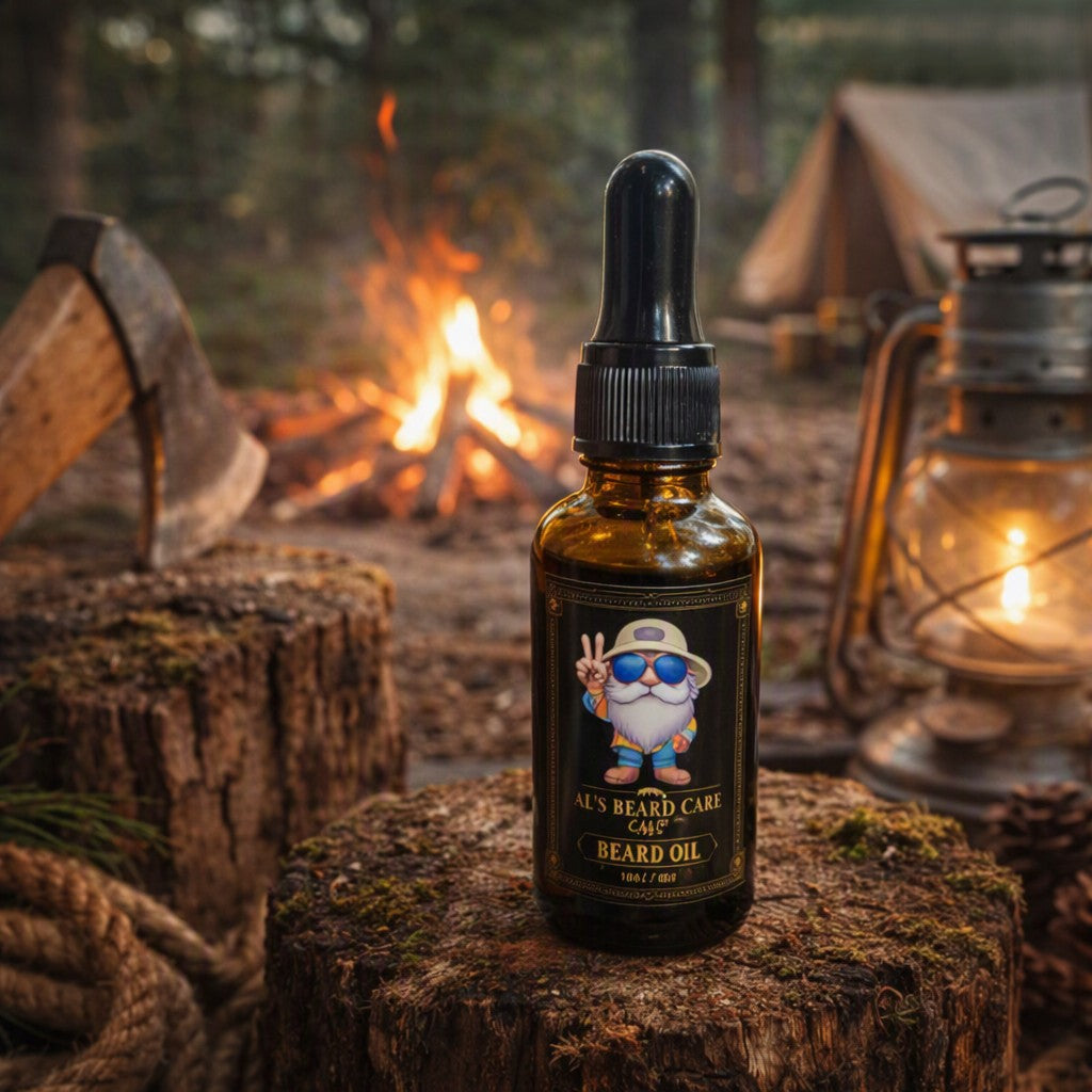 A bottle of beard oil stands on a tree stump in a campfire setting, with an axe, lantern, and forest background visible. The bottle has a black dropper cap and a black label featuring a cartoon bearded man wearing sunglasses.
