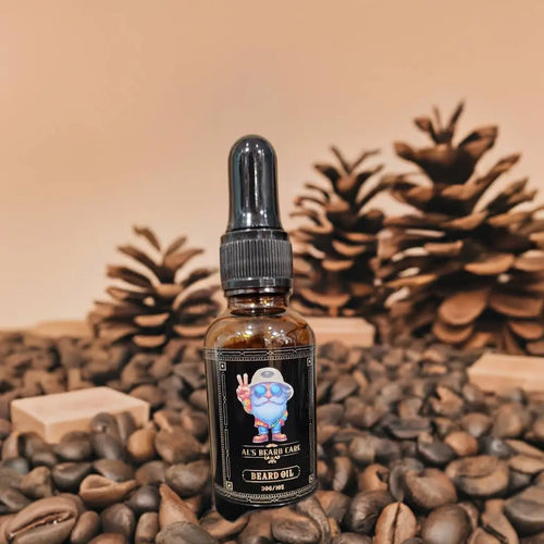 Bottle of beard oil with a label featuring a cartoon character, surrounded by coffee beans and pine cones.