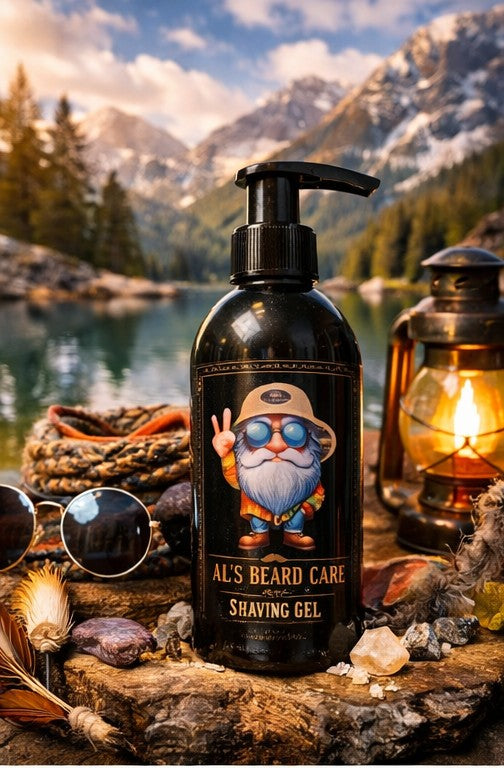 A bottle of 'Al's Beard Care Shaving Gel' is displayed on a rustic log outdoors, surrounded by a mountain lake landscape, a lit lantern, sunglasses, and dried grass. The bottle is black with a cartoon bearded gnome wearing a hat and blue sunglasses on the label.